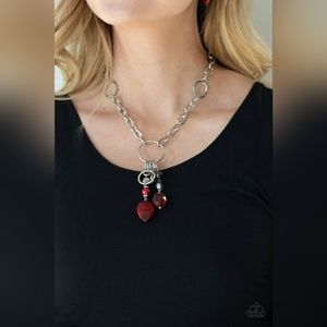 PAPARAZZI RED/SILVER NECKLACE SET WITH EARRINGS NWT